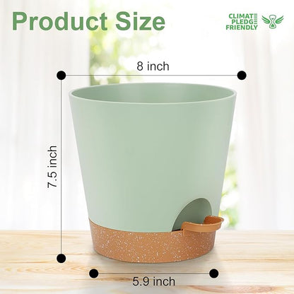 YNNICO 8-Inch Plant Pots, Self-Watering Planters with Drainage Holes & Saucers for Indoor and Outdoor Plants (2-Pack, Green)
