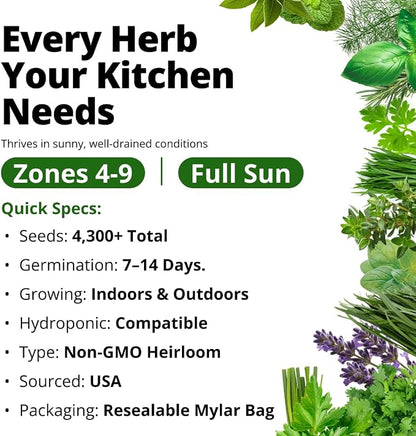 HOME GROWN Herb Seeds for Planting 15-Pack Massive Seed Count 4,300+ Seeds Non-GMO Heirloom | Extra Large | Culinary Herb Kit, Indoor Outdoor & Hydroponic | Grow Your Own Herbs | Gardening Gift