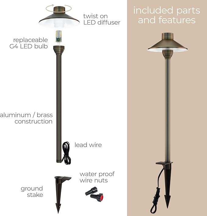 Amped Landscape Lighting Cone 12V Path and Area Light with G4 Socket in Aged Brass Solid Copper Enhanced Protection for Coastal Environments