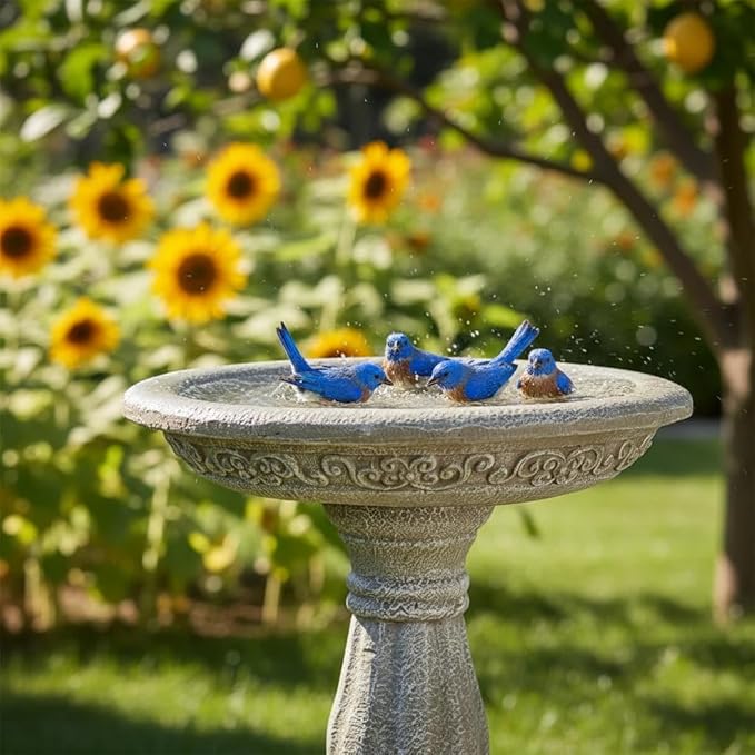 SunJet 23.8 Inch High Concrete Bird Bath with Carved Pedestal – Birdbath Sturdy & Elegant Design, Stone-Like Texture, Attracts Birds and Enhances Garden, Patio, Yard, Lawn Decor