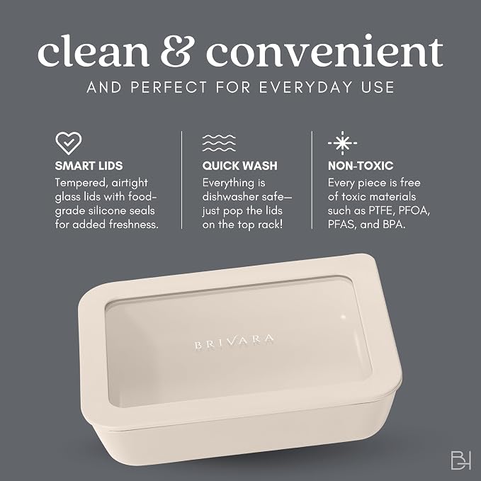 20-Piece Glass Food Storage Containers Set with Lids (10 Containers + 10 Lids) | Microwave-Safe Airtight Seal, Oven-Safe Ceramic-Coated Glass | Zero Plastic, No PFAS/PFOA/BPA [Crema]