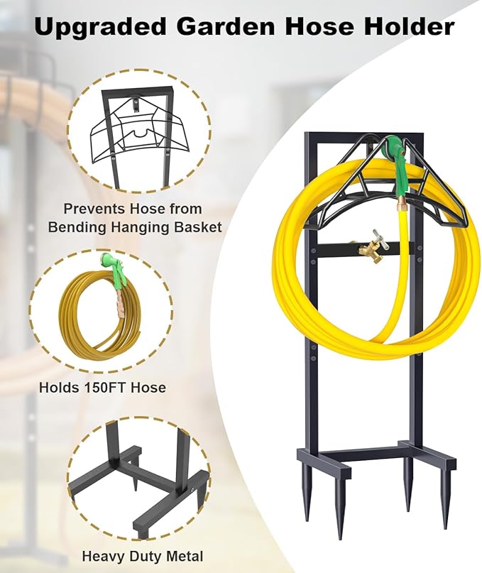 Artigarden Outdoor Garden Hose Holder Freestanding with Brass Faucet And 4 Spikes, Heavy Duty Metal Water Hose Reel Stand Hanger Rack Organizer Holds Storage 150ft Hose for Outside Yard Lawn, Black