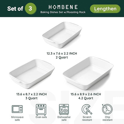 HOMBENE Casserole Dishes for Oven, Ceramic Baking Dishes Set of 3 with Roasting Racks, Rectangular Lasagna Pan with Handles for Baking, Gift, Dinner Microwave Oven Safe (2QT/3QT/4.2QT)