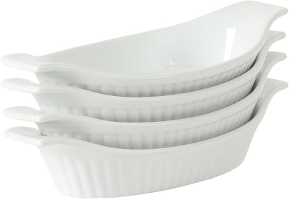 Gibson Home Gracious Dining Oval Au Gratin Baking Dishes, 4-Piece Set – 9 oz Oven Safe Banana Split Bowls, Ceramic Small Casserole Dishes with Handles, Microwave & Dishwasher Safe Mini Bakeware, White