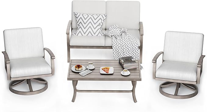 HAPPATIO 4 Piece Aluminum Patio Furniture Set, 4-Person Outdoor Swivel Chairs and Loveseat, All-Weather Outdoor Sectional Sofa with Comfortable Cushions and Coffee Table(Gray)