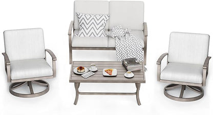 HAPPATIO 4 Piece Aluminum Patio Furniture Set, 4-Person Outdoor Swivel Chairs and Loveseat, All-Weather Outdoor Sectional Sofa with Comfortable Cushions and Coffee Table(Gray)