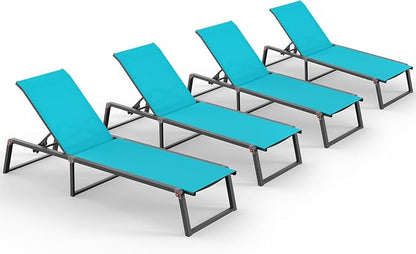 Aluminum Chaise Lounge Chair Outdoor, Foldable& No Assembly Patio Pool Lounge Chairs 5-Position Recliner for Outside, Fully Grounded Legs Sun Lounger for Poolside, 4 Packs Lake Blue