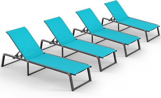 Aluminum Chaise Lounge Chair Outdoor, Foldable& No Assembly Patio Pool Lounge Chairs 5-Position Recliner for Outside, Fully Grounded Legs Sun Lounger for Poolside, 4 Packs Lake Blue