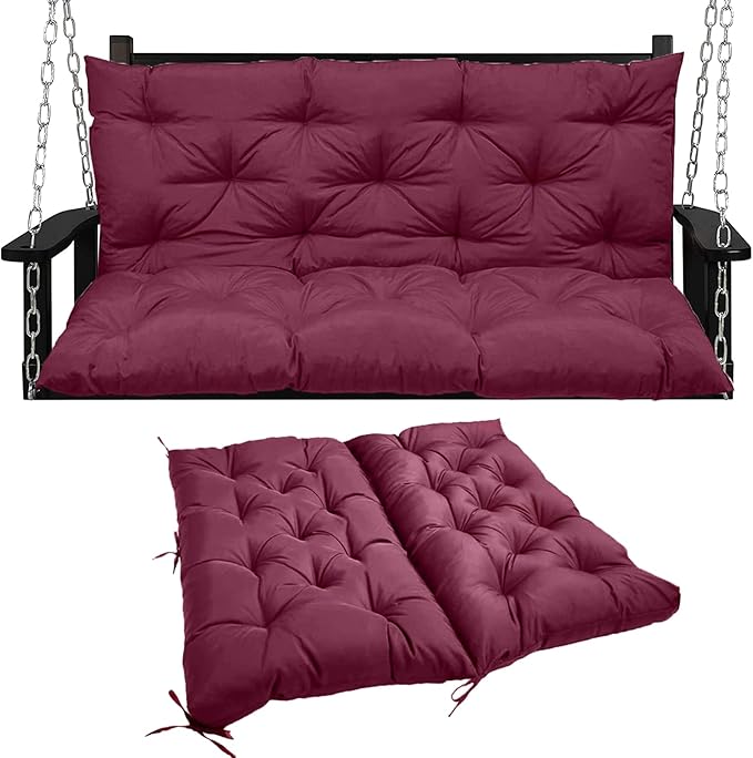 Swing Replacement Seat Cushions, 2-3 Seater Bench Cushions for Outdoor Furnitur with Backrest, Garden Recliner Seat Cushions Waterproof Sofa Pads (Wine Red, 47x40in)