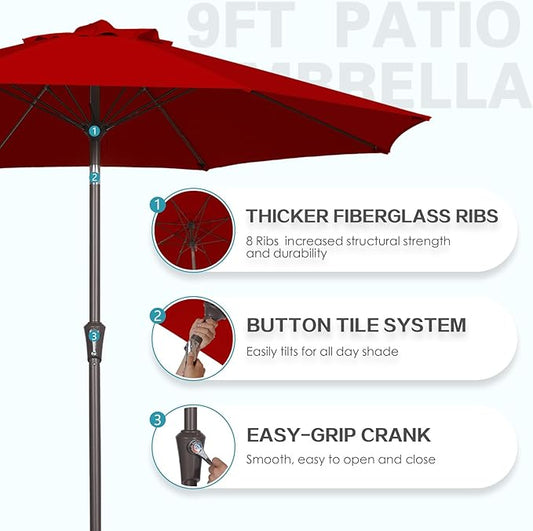 PatioKingdom 9FT Patio Outdoor Umbrella-UPF 50+ Sun Shade with Wind Vent, Push-Button Tilt & Smooth Crank Lift, Rust-Resistant Fiberglass Frame for Garden, Backyard,Yard (Red, 9FT)