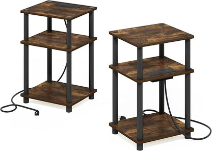 Furinno JUST Side Table Set of 2, 3-Tier Modern End Table with Charging Station, Open Shelf Night Stand, Bedside Table with USB and Type-C Port, for Living Room, Bedroom, Amber Pine