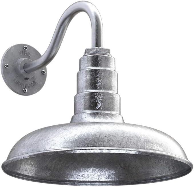 Steel Lighting Co. Topanga Barn Light | Outdoor Wall Mounted | Farmhouse Garage Light Made in America | 14 inch Dome | 11 inch Gooseneck | Galvanized Exterior/Galvanized Interior