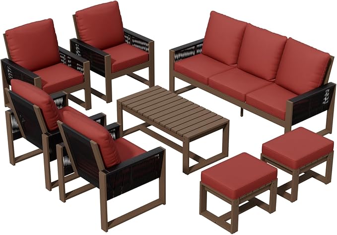 Rustic Hideaway Natural Cedar Wood Outdoor Furniture Set, Wicker Patio Conversation Set for Porch Garden Backyard, Couch, 4 Patio Chairs, Coffee Table and 2 Ottomans, 8 Piece, Brownish/Red