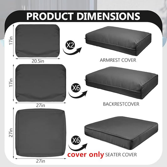 14 Piece Outdoor Patio Waterproof Cushion Covers, Fits 6-Seat Wicker Rattan Sectional Couch Chair Furniture Cover Replacement Set - Fade-Resistant Patio Cushion Covers with Zipper