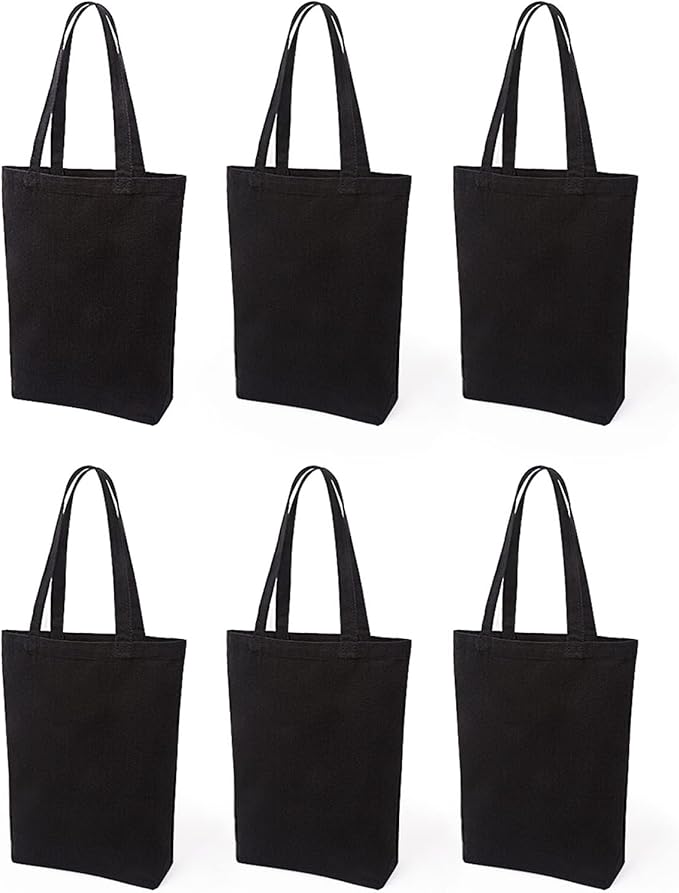 Lily queen Natural Canvas Tote Bags DIY Reusable Shopping Grocery Bag (Black - 6 Pack)