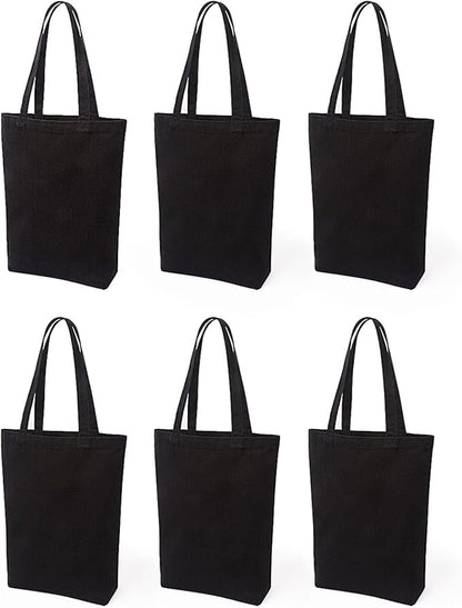 Lily queen Natural Canvas Tote Bags DIY Reusable Shopping Grocery Bag (Black - 6 Pack)