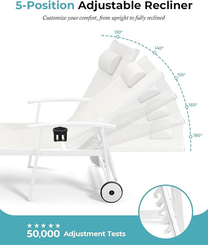 Ciokea Outdoor Lounge Chair with Pillow Set of 4, 5-Position Chaise Lounge with Wheels & Armrests, 400 lbs Heavy Duty Aluminum Pool Lounge Chairs, for Beach, Deck, Poolside & Backyard, White