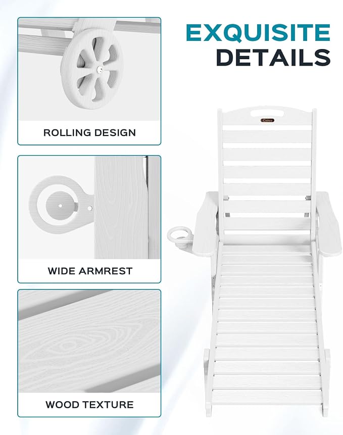 Ciokea Lounge Chair Outdoor Set of 4, Oversized Chaise Lounge Chair with 5 Positions, HDPE, Patio Lounge Chairs with Wheels & Cup Holder for Lawn, Pool, Deck, Poolside, White