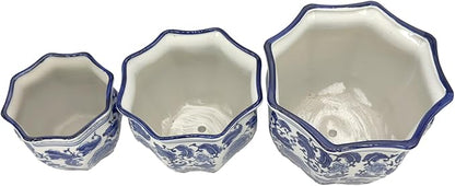 Galt International Blue & White Round Fluted Classic Floral Porcelain Ceramic Plant Flower Planter Pot Set of 3 (7.5", 10", 13") Garden Pots Chinese Asian Design
