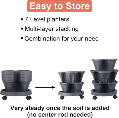 GameXcel Vertical Planter Tower- 7 Tier Stackable Garden Planter with Wheels and Tool Set – Grow Strawberries Herbs Flowers and Vegetables - Indoor Outdoor Use Dark Gray