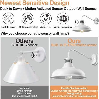 Set of 2 Gooseneck Outdoor Wall Lights Fixtures,Dusk to Dawn Motion Sensor Sconce Farmhouse Barn Lamp for Patio,3 Modes Dimmable Exterior Porch Light Wall Mount Lighting White with Rotary Dial Control