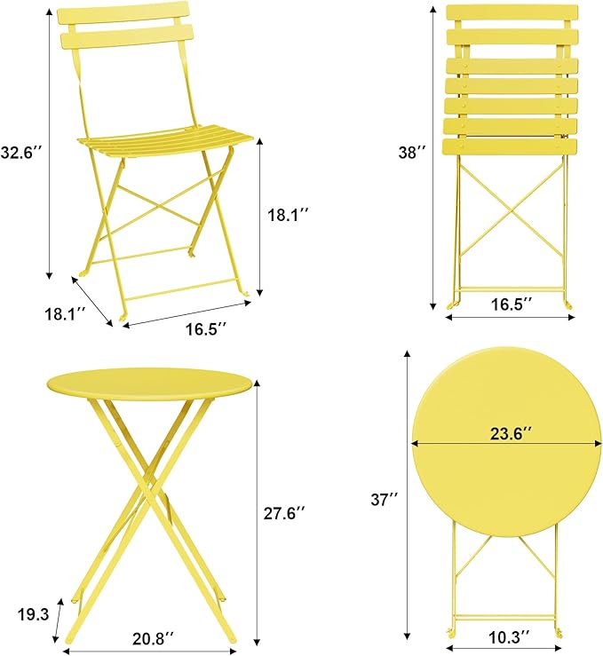 GarveeLife 3-Piece Folding Bistro Set, Foldable Patio Furniture Set with Premium Frame, Outdoor Bistro Table and Chairs Set of 2 for Patio, Garden and Balcony, Yellow