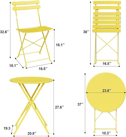 GarveeLife 3-Piece Folding Bistro Set, Foldable Patio Furniture Set with Premium Frame, Outdoor Bistro Table and Chairs Set of 2 for Patio, Garden and Balcony, Yellow
