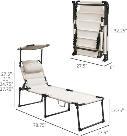 Outdoor Lounge Chair, Tanning Chair with Sunshade Roof, Adjustable Backrest Folding Chaise Lounge with Pillow Headrest for Outside, Beach, Camping, Hiking (Sunshade Roof, Cream White)