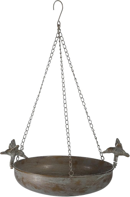 Hanging Bird Bath Feeder for Outdoor, 23" H Metal Birdbath with Cast Iron Bird Decor, Vintage Tray for Garden Yard Patio, Green