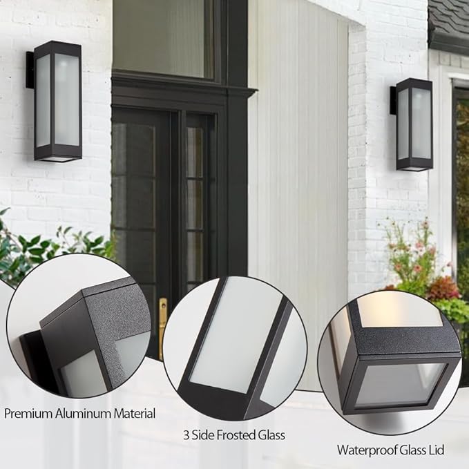 Cerdeco 13 Inches Outdoor Wall Light Modern Outdoor Wall Sconce,Aluminum Black Porch Sconce Wall Mounted Lighting with E26 Socket and 3 Side Frosted Glass[ETL Listed]