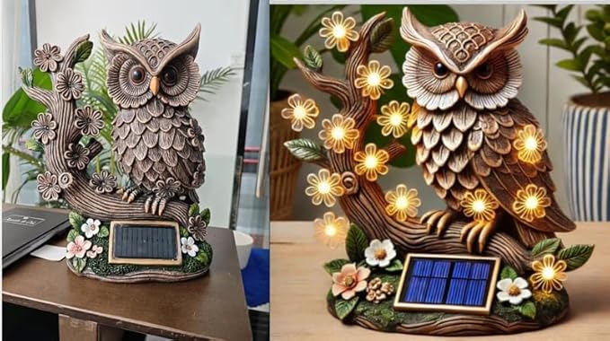 Solar Statue Owl with LED Lights – Outdoor Garden Decor for Outside, Yard Art Figurine for Lawn Decorations, Resin Owl Garden Statues for Patio & Pathway Decor