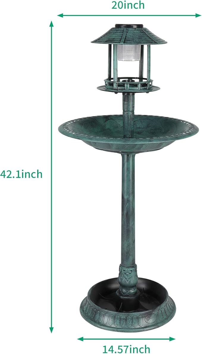 Outvita Outdoor Bird Bath, Garden Bird Baths Decorations with Solar-Powered Lamp and Resin Pedestal Flower Planter Base Bird Feeder for Yard Patio