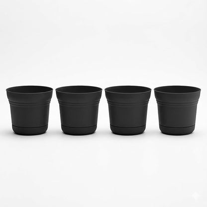 Bloem Saturn 5" Black Round Resin Planter Pot with Snap-in Saucer for Indoor and Outdoor Gardening, 4-Pack