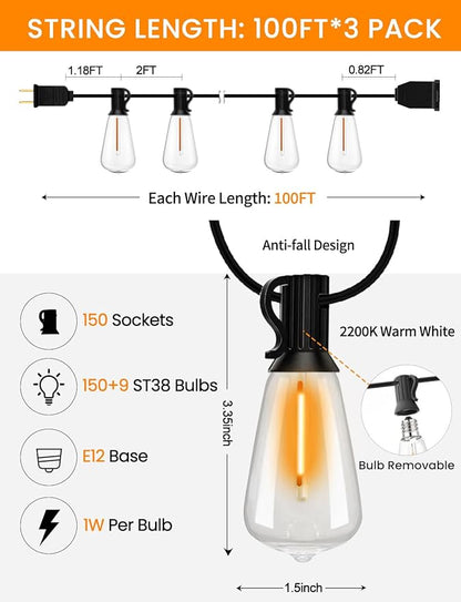 Outdoor String Lights 300ft Waterproof Shatterproof Patio String Lights for Outside with 159 Vintage ST38 LED Bulbs(9 Spare), Dimmable Hanging Lights for Backyard Porch Balcony Party Decor, Warm White