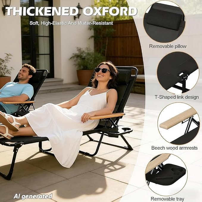 Folding Chaise Lounge Chair Outdoor, Folding Sun Lounger with 4-Position Reclining Back, Foldable Tanning Chair with Adjustable Headrest, Beach Lounge Chair for Poolside Backyard Camping (Black)