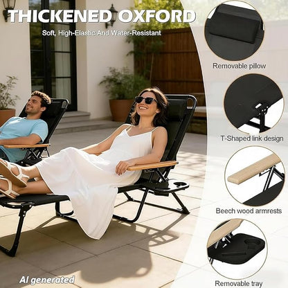 Folding Chaise Lounge Chair Outdoor, Folding Sun Lounger with 4-Position Reclining Back, Foldable Tanning Chair with Adjustable Headrest, Beach Lounge Chair for Poolside Backyard Camping (Black)