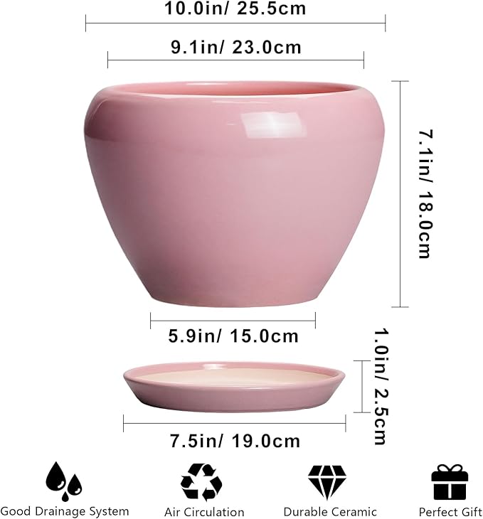 10 Inch Plant Pot - Ceramic Planter for Indoor Plants, Glaze Modern Round Planter with Drainage Hole and Saucer, Gifts for Plant Lovers, Office Patio Home Room Decor, Pink