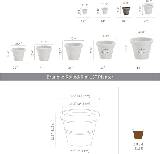 Crescent Garden Brunello Classic Rolled Rim Planter Pot, Indoor/Outdoor Weather-Safe Round Plant Pot, Premium Plastic Flowerpot for Houseplants, Herbs - 16''W (Black)