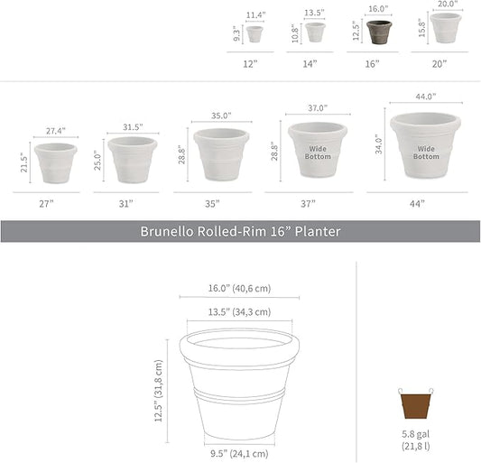 Crescent Garden Brunello Classic Rolled Rim Planter Pot, Indoor/Outdoor Weather-Safe Round Plant Pot, Premium Plastic Flowerpot for Houseplants, Herbs - 16''W (Parchment)