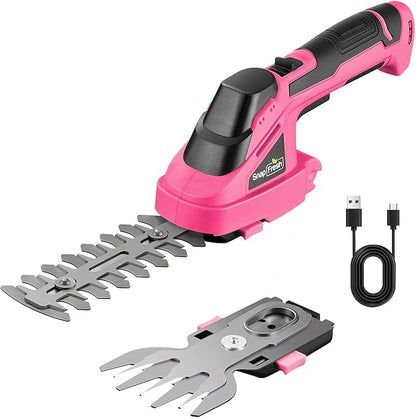 SnapFresh Cordless Hedge Trimmer & Grass Shears, 7.2V 2-in-1 Handheld Electric Bush Trimmer, Lightweight & Low-Noise, Rechargeable Lithium-Ion Battery with Type-C Cable Included (Pink)