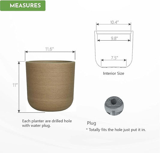 11" H Plant Pot, Resin Sandy Brushed Wood Texture Flower Planters with Drain Hole, Removable Rubber Stopper - for Most Plants and Flowers