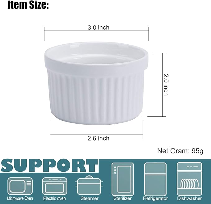 Porcelain Ramekins 4OZ,Set of 8, Souffle Dishes, Oven Safe Ramekin Bowls Serving For Creme Brulee, Custard, Pudding, Mini Desserts, Jam, Dips, Sauces, Ramekins For Baking