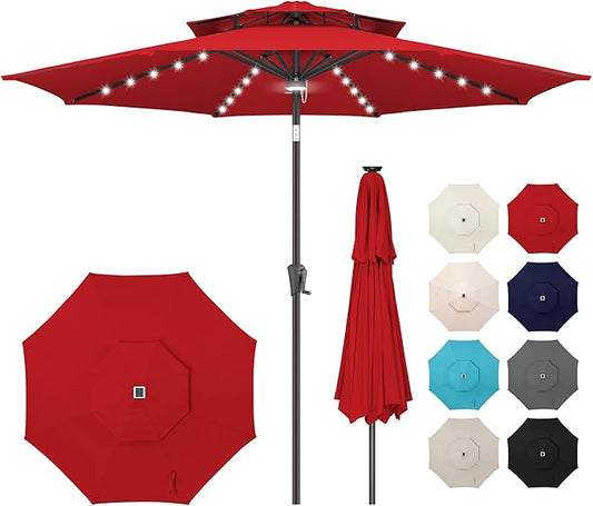 9ft Solar Umbrella Outdoor - Double Top Lighted Patio Umbrella with 40 LED Lights Waterprool Uv Protection, Table Umbrella with Tilt & Crank for Pool, Porch, Garden, Backyard(Red)