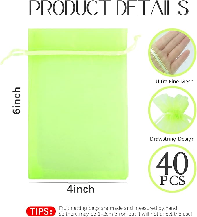 40 Pcs Fruit Protection Bags, 4x6 Inch Strawberry Bag Netting Cover, Tear Resistance Mesh Bags Drawstring, Pest Barrier Green Bags for Fruits & Vegetables, Blueberries, Cherry Tomatoes, Small Fruits