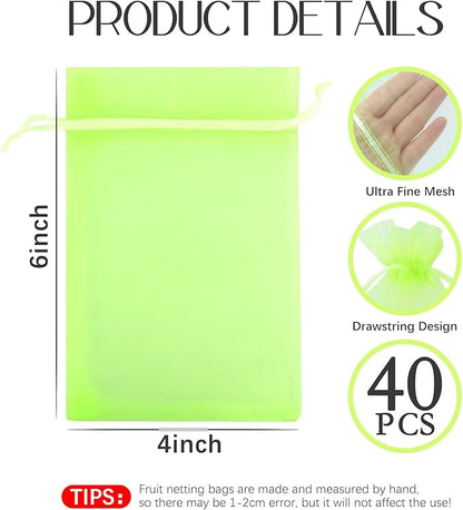 40 Pcs Fruit Protection Bags, 4x6 Inch Strawberry Bag Netting Cover, Tear Resistance Mesh Bags Drawstring, Pest Barrier Green Bags for Fruits & Vegetables, Blueberries, Cherry Tomatoes, Small Fruits