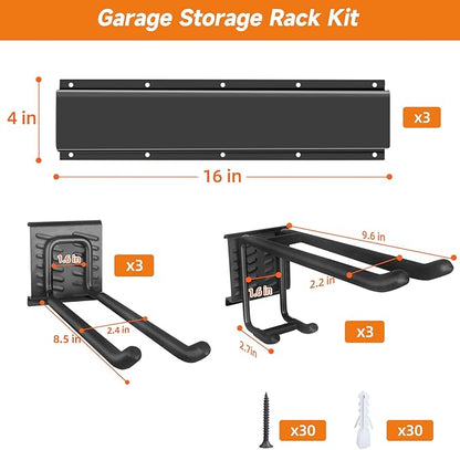 Garage Tool Organizer Wall Mount, Heavy Duty 48 Inches Garage Organization and Storage Racks for Yard Tools with 6 Hooks, Tool Hangers Holders for Hanging Folding Chair, Rake and Shovel