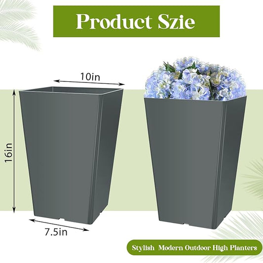 Set of 2 15.75 Inch Large Taper Planters Outdoor Indoor Tall Resin Flower Pots with Drainage Holes Modern for Front Door Patio Backyard Plants(Gray)