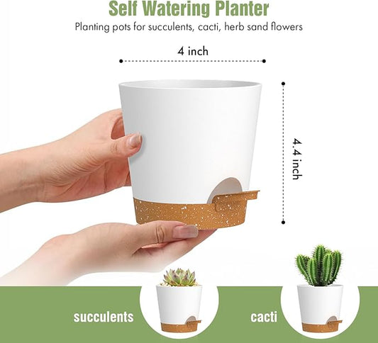 WSMKSZ 4 inch Self Watering Pots for Indoor Outdoor Plants, 6 Pack Plastic Flower Planters with Drainage Holes and Removable Saucers, Plant Pots with Wicking Rope, Modern Decor, White Brown
