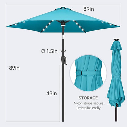 FLAME&SHADE 7.5 ft Solar Powered Outdoor Market Patio Table Umbrella with LED Lights and Tilt, Aqua Blue