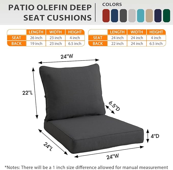 Sundale Outdoor Olefin Deep Seat Cushion Set of 2, Patio Chair Cushion and Pillow, Water-Resistant Sectional Sofa Pad with Straps Dark Gray, 24 x 24 x 4 Inches